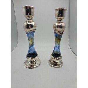 Vintage Pair 925 Silver and Blue Stained Glass Candle Holders